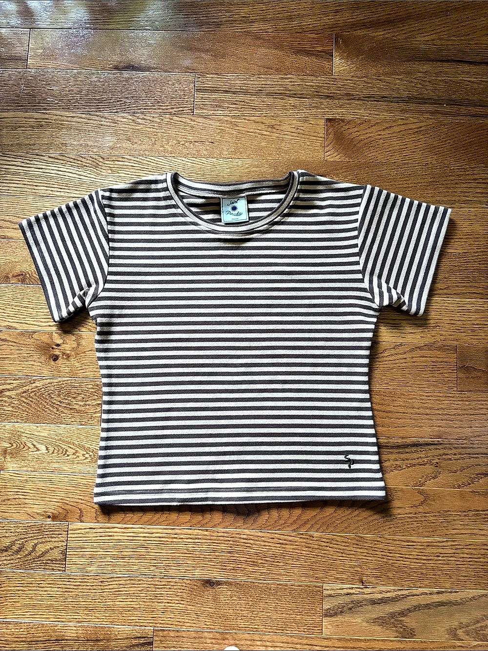 Saint Paraiso Striped Short Sleeve Top in Brown & White Medium Like New